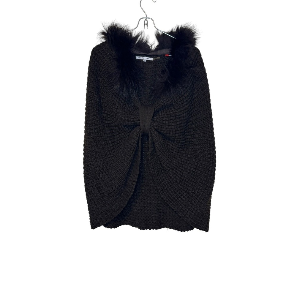 Tempo Paris Women's Sweater Top Faux‎ Fox Fur Pullover Knotted Front Cape Medium